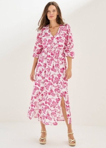 Midi šaty s 3/4 rukávmi a potlačou