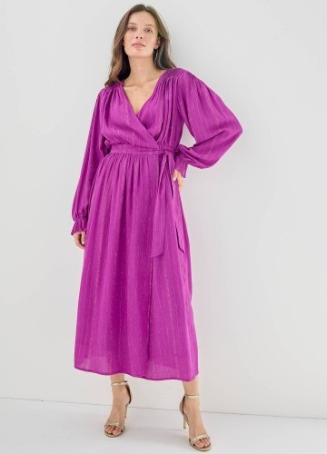 Zavinovacie midi šaty s dlhými rukávmi a metalickými prúžkami