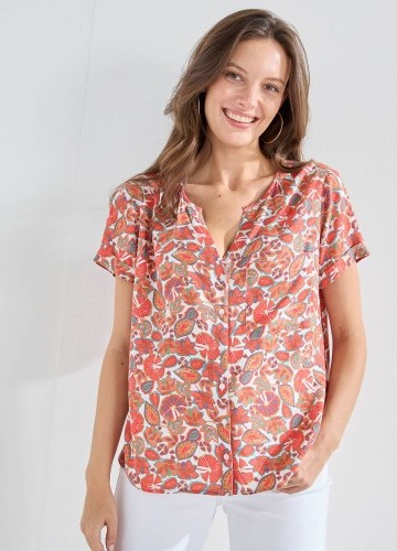 Halenka s krátkými rukávy na knoflíčky a s potiskem rostlin