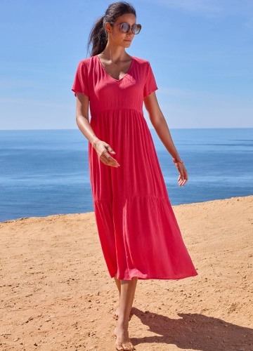 Kreponové jednobarevné midi šaty s výstřihem do V