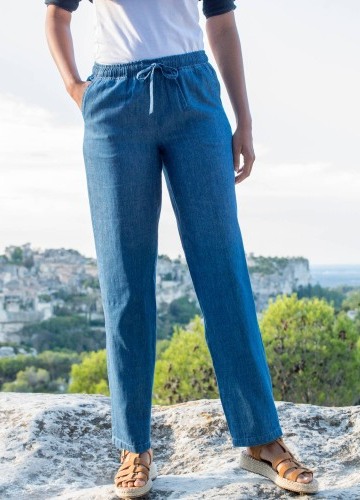 Rovné denimové nohavice s pružným pásom