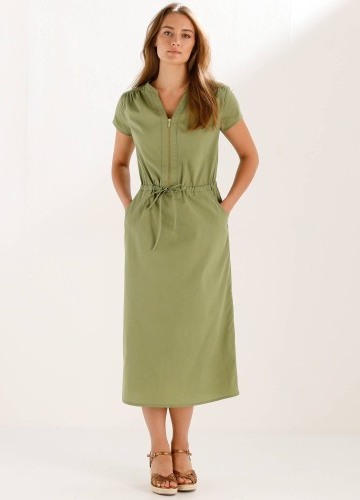 Midi keprové šaty s výstrihom na zips a šnúrkou v páse