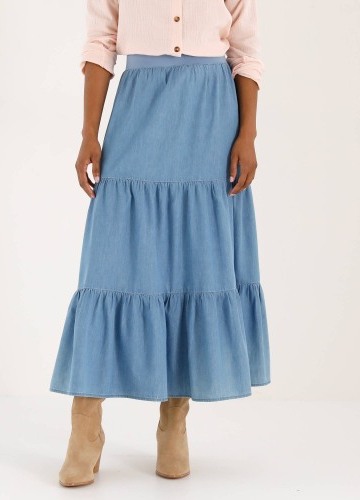 Dlhá volánová sukňa z tenkého denimu