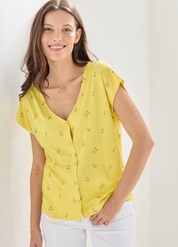 Tričko na knoflíčky s výstřihem do V, s potiskem třešní