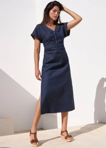 Džínsové midi šaty s_x000D_
rázporky na bokoch