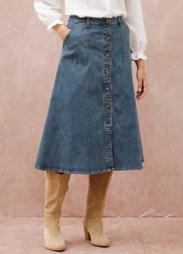 Rozšírená denimová midi sukňa na gombíky