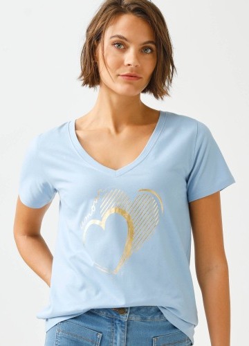 Tričko s výstřihem do V, krátkými rukávy a potiskem srdce vpředu