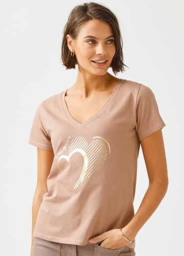 Tričko s výstřihem do V, krátkými rukávy a potiskem srdce vpředu