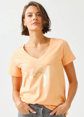 Tričko s výstřihem do V, krátkými rukávy a potiskem srdce vpředu