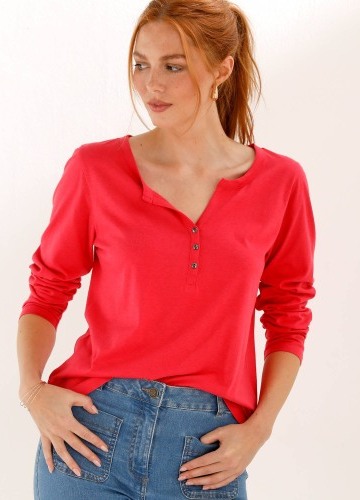 Jednobarevné tričko s výstřihem na knoflíčky a dlouhými rukávy