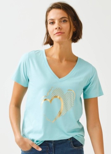 Tričko s výstřihem do V, krátkými rukávy a potiskem srdce vpředu