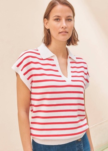 Pruhovaný pulóver s polo golierom a krátkymi rukávmi