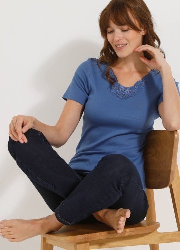 Top z bavlny s krátkymi rukávmi a čipkou