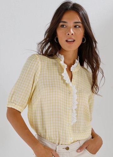 Mušelínová kockovaná blúzka s  krátkymi rukávmi