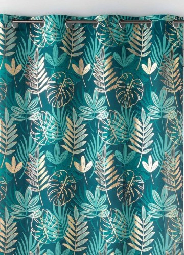 Záves s očkami a potlačou tropického motívu s metalickým efektom