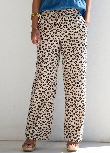 Splývavé kalhoty s vysokým pružným pasem a leopardím potiskem