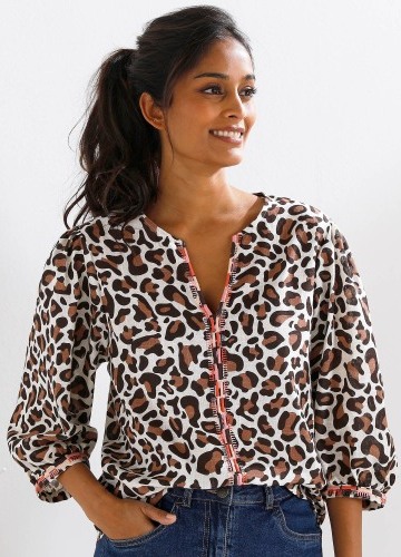 Blúzka s výšivkou a 3/4 rukávmi, leopardia potlač