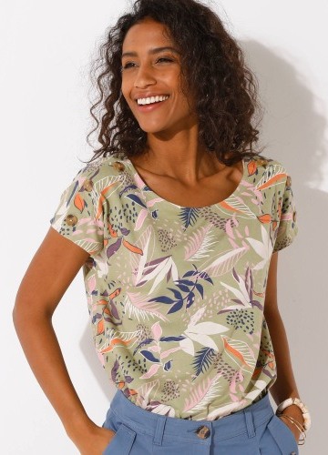 Tričko s kokosovými knoflíky na ramenou a potiskem