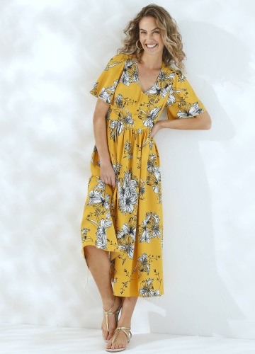 Dlouhé šaty se širokými rukávy a s potiskem květin