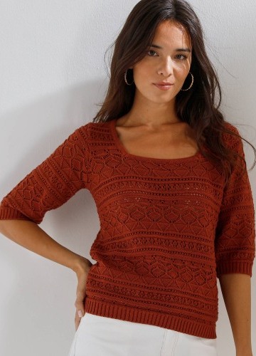 Ažúrový jednofarebný pulóver s rukávmi po lakte