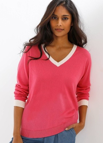 Dvojfarebný pulóver s výstrihom do V a
kontrastnými lemami