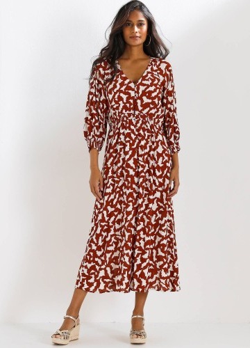 Jednobarevné dlouhé kreponové šaty na knoflíky, s dvoubarevným potiskem