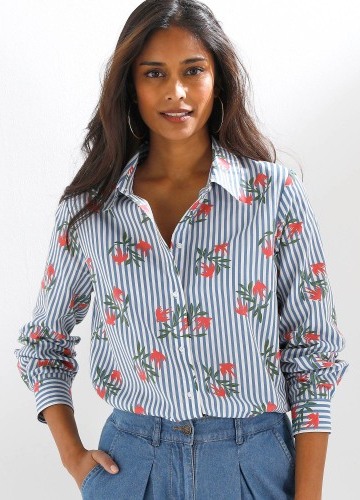 Košeľa s dlhými rukávmi, prúžkami a potlačou