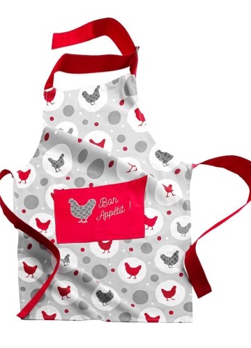 Kuchyňská zástěra s laclem a potiskem slepiček, výšivka Bon appétit!