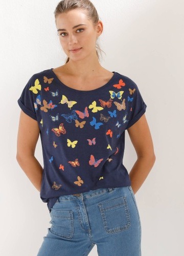 Rovné tričko s okrúhlym výstrihom a potlačou motýľov