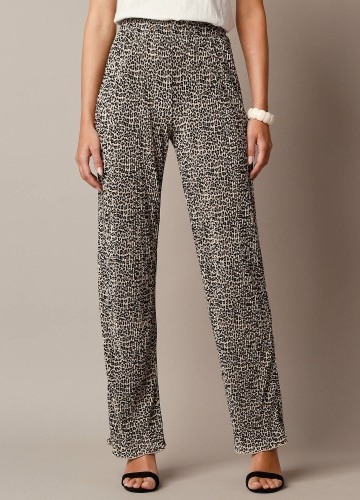 Kalhoty s potiskem, lesklý plisovaný úplet