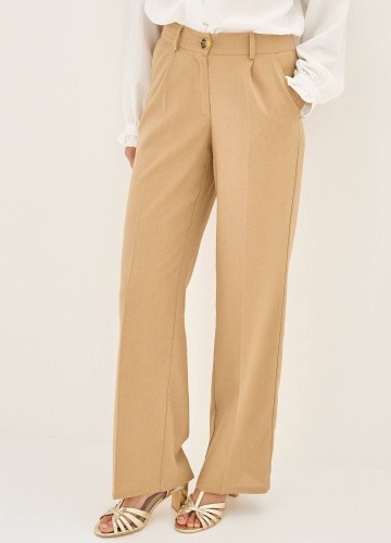 Široké jednobarevné kalhoty s puky a příměsí lnu