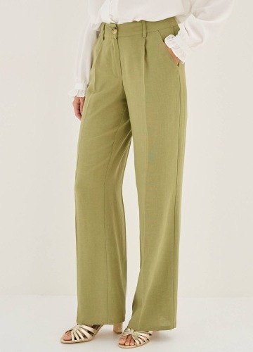 Široké jednobarevné kalhoty s puky a příměsí lnu