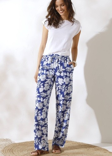 Vzdušné široké kalhoty s potiskem rostlinného vzoru