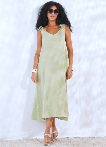 Dlouhé šaty s volánovými rameny, bavlněná gázovina