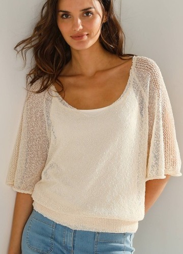 Volný pulovr s rukávy k loktům, háčkovaný efekt