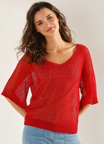 Volný pulovr s rukávy k loktům, háčkovaný efekt