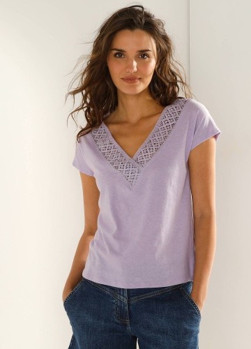 Rovné tričko s macramé výstřihem do V, bavlna-len