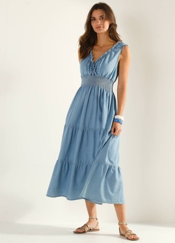 Dlouhé volánové šaty, denim