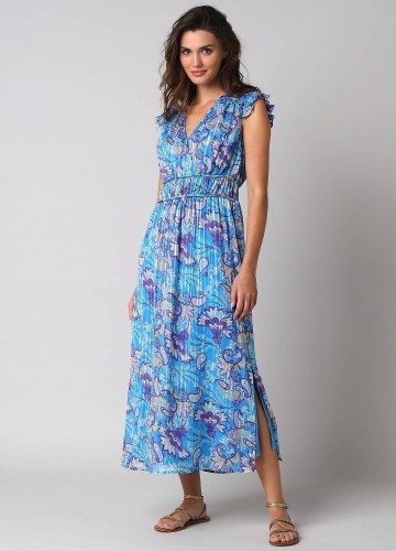 Šaty s krátkými rukávy a volány, žakárový voál s potiskem