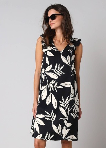 Krátké šaty s výstřihem do V a potiskem listů