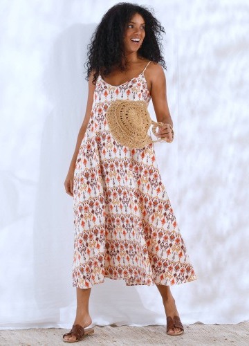 Dlouhé šaty s úzkými ramínky a potiskem