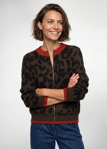 Sveter na zips v bomber strihu s leopardím vzorom