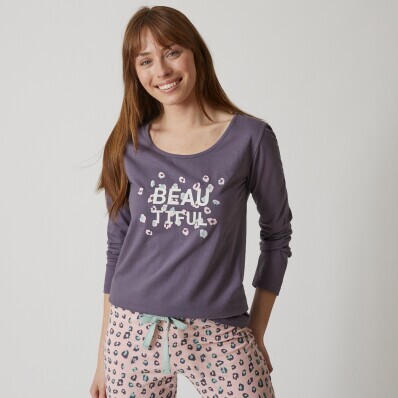 Pyžamové tričko s dlouhými rukávy a středovým potiskem "Beautiful"