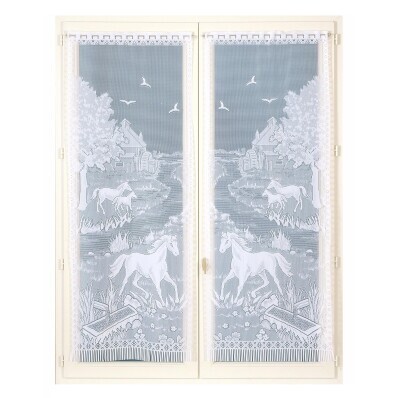 Rovná vitrážová záclona s motívom koňov, pre garnižovú tyč, pár