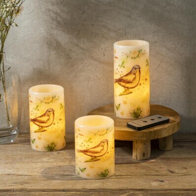 Świece LED z nadrukiem ptaszka, zestaw 3 szt.