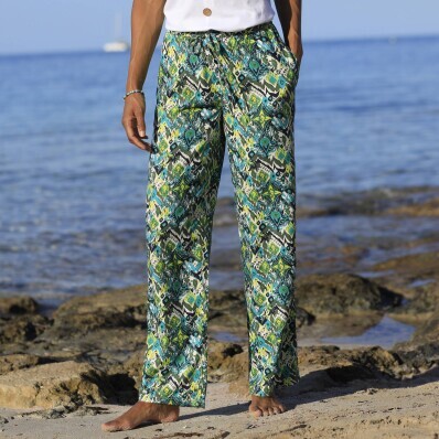 Повітряні широкі штани з еластичним поясом і принтом