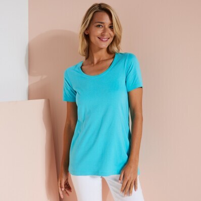 Długa koszulka w jednolitym kolorze z okrągłym dekoltem, bawełna organiczna