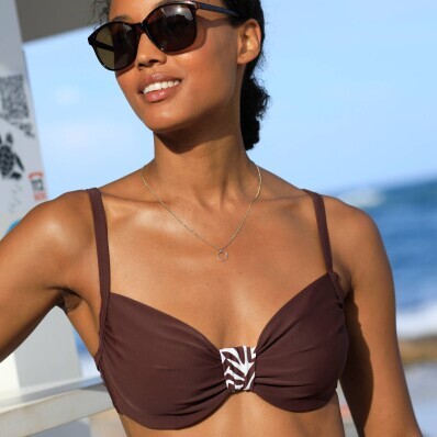 Plavková jednobarevná vyztužená podprsenka s nařasením s potiskem Zebra, s kosticemi