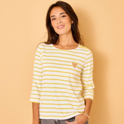 Tricou cu dungi cu broderie de inimă, bumbac organic