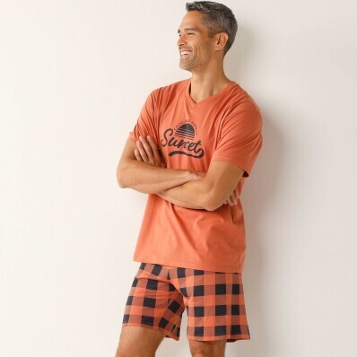 Kockované bavlnené pyžamo s krátkymi rukávmi a šortkami